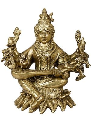 7" Eight-Armed Goddess Saraswati Brass Statue | Handmade | Made In India