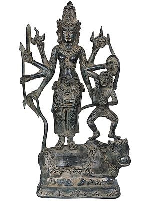 13" Goddess Bathari Durga with Bhairava Standing on Nandi In Brass | Handmade | Made In India