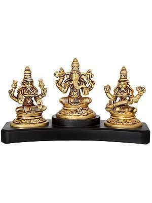 4" Brass Lakshmi Ganesha Saraswati Idol for Car Dashboard | Handcrafted in India