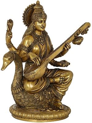 24" Devi Saraswati Brass Sculpture | Indian Handcrafted Statue