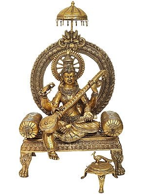 28" Enthroned Saraswati with her Vahana on A Three-Legged Stool | Handmade Brass Statue