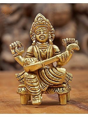 3" Devi Saraswati Seated on Chowki - Small Size Statue in Brass | Handmade