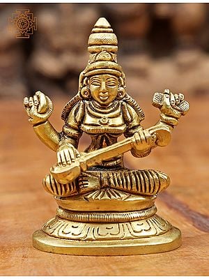 3" Goddess Saraswati Small Statue in Brass | Handmade | Made in India