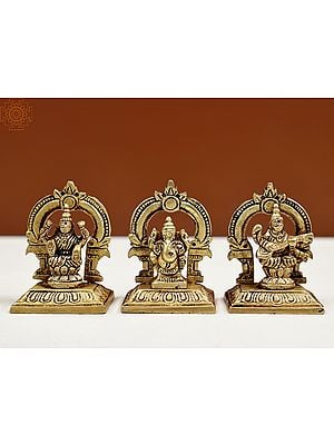 2" Small Ganesha Lakshmi and Saraswati (Set of Three Statues) in Brass | Handmade