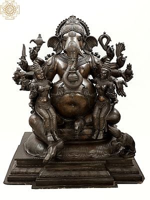 42" Superlarge Maha Ganapati with Riddhi-Siddhi (From Ganesha Purana) | Handmade | Madhuchista Vidhana (Lost-Wax) | Panchaloha Bronze from Swamimalai (Shipped by Sea)