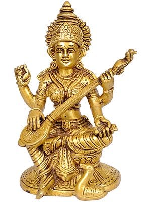 6" Goddess Saraswati Brass Idol | Handmade Statues | Made In India