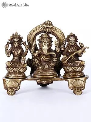 5" Ganesha-Lakshmi-Sarasvati Triad of Prosperity | Handmade Brass Statue | Made in India