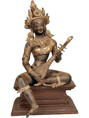 13" Goddess Saraswati Seated on Wooden Pedestal | Handmade Brass Idol