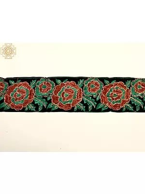 Velvet Border with Thread Embroidered Rose and Sequins