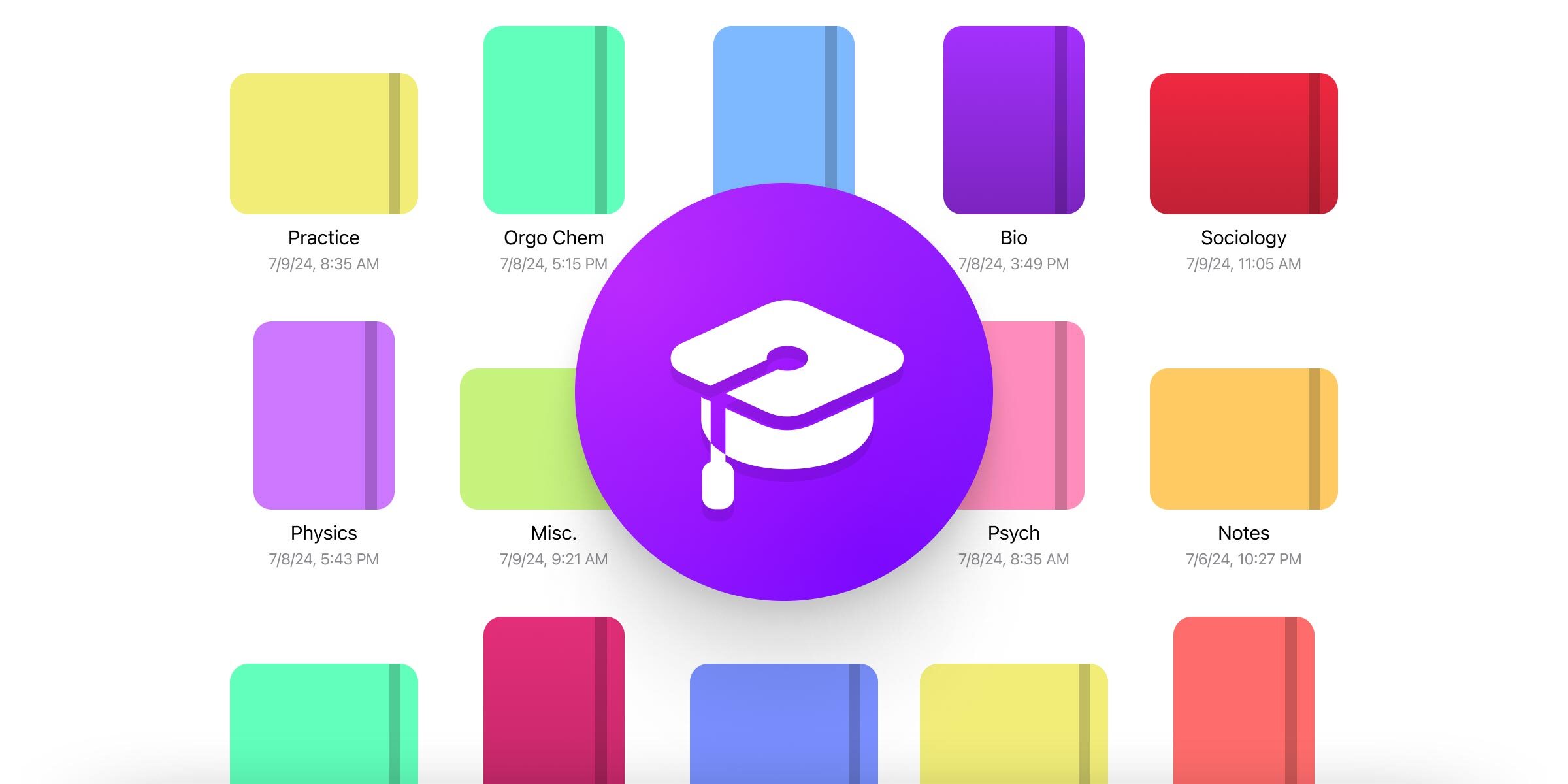 A graduation cap icon in a circle over colored notebook covers