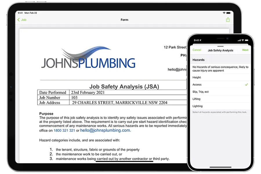 ServiceM8 job safety analysis form on iPhone and iPad