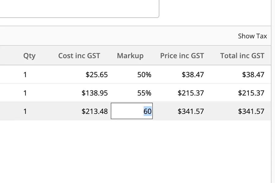 Percentage Markup column in job card online