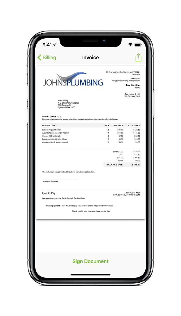 Plumbing Invoice on ServiceM8 app