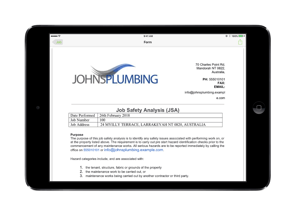 Plumbing Job Safety Analysis form in ServiceM8 iPad app