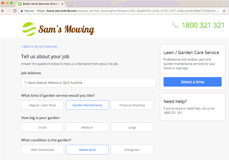 ServiceM8 online booking page for lawn mowing service