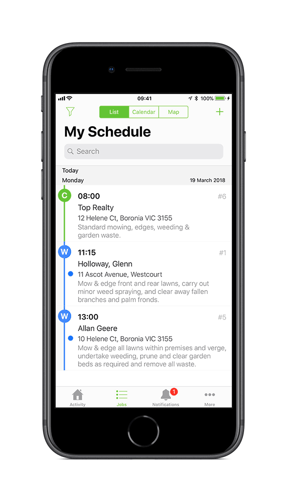 Lawn mowing staff schedule on ServiceM8 app