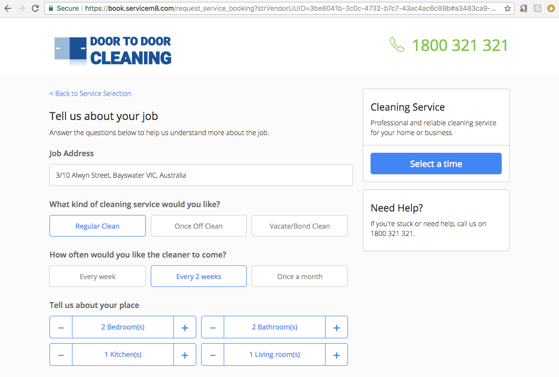 Online booking page for cleaning business services with ServiceM8