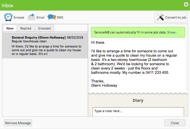 Cleaning client email enquiry in ServiceM8 inbox