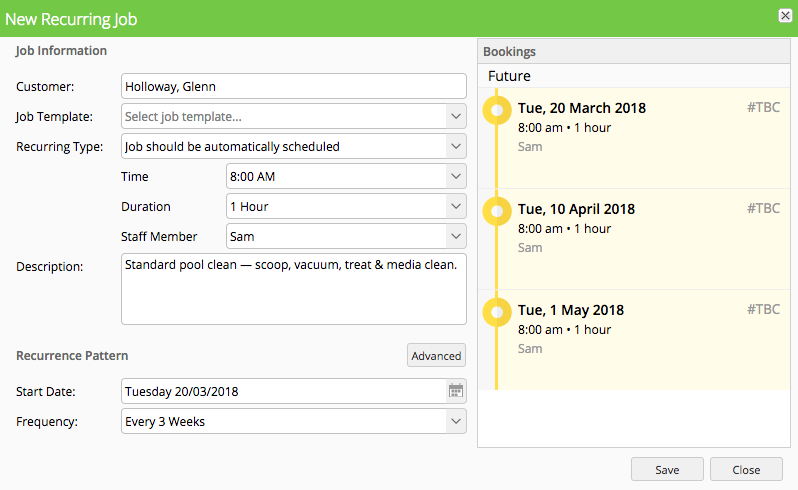 Automatic recurring pool service schedule