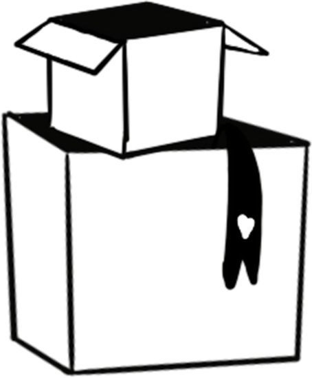 A black and white illustration of two boxes, one on top of the other. A bookmark with a heart is hanging out.