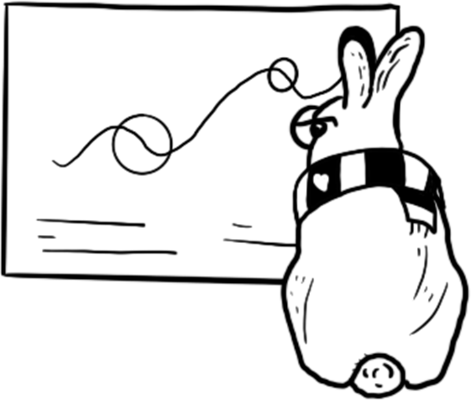 A black and white illustration of a rabbit with a scarf on looking at a graph.