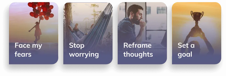 A choice of four replies: 1) Face my fears, 2) Stop worrying, 3) Reframe thoughts and 4) Set a goal.