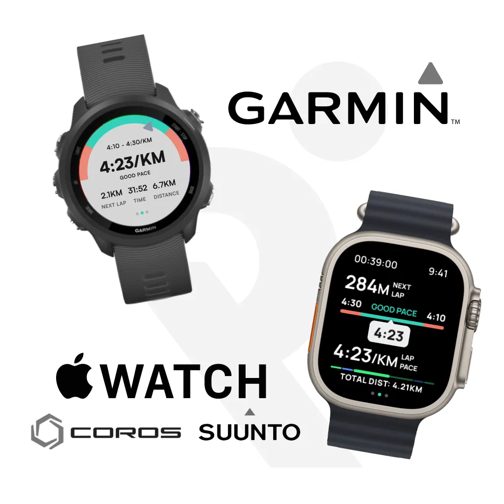 A Garmin and an Apple smartwatches.