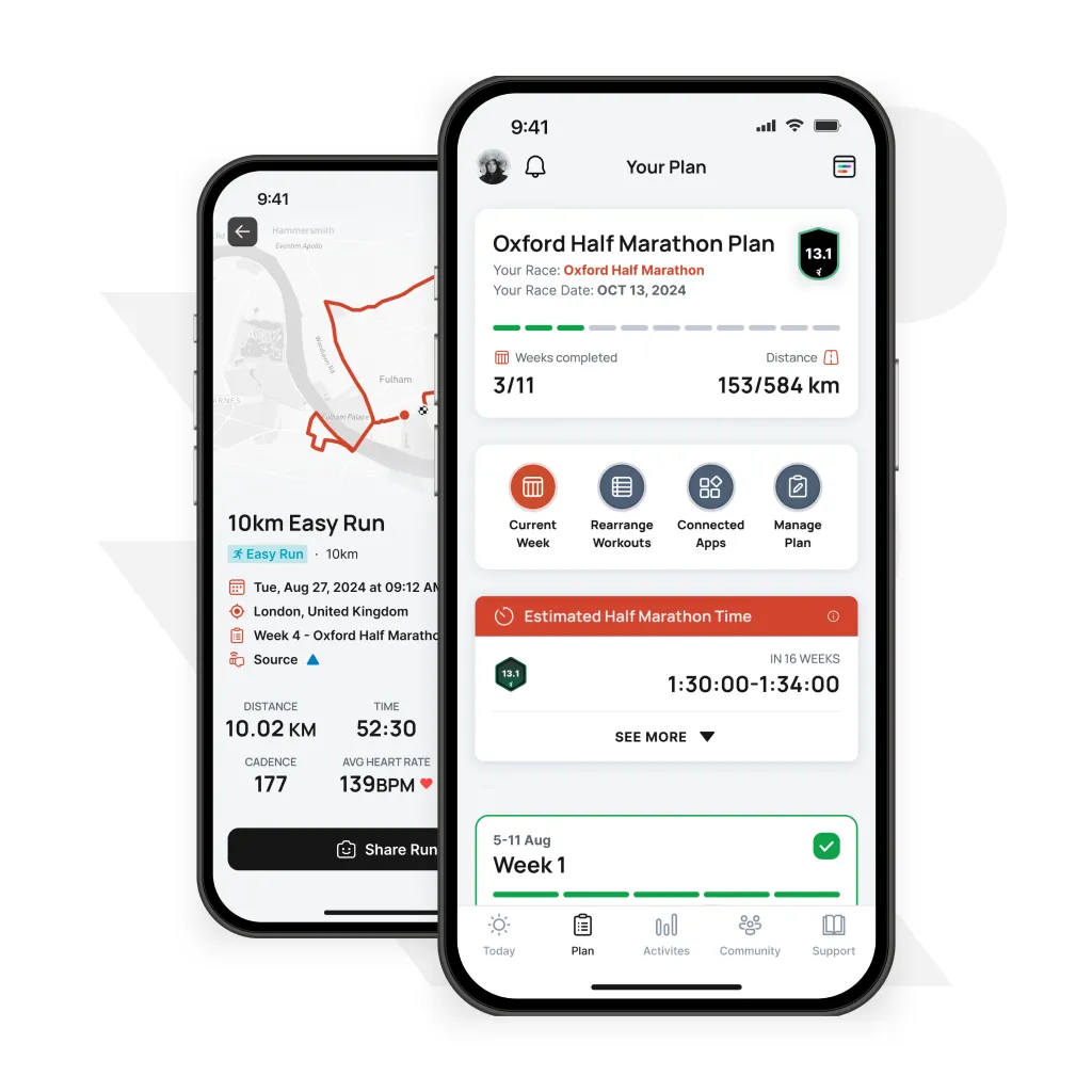 Two smartphone screens displaying a workout app with an Oxford Half Marathon plan.