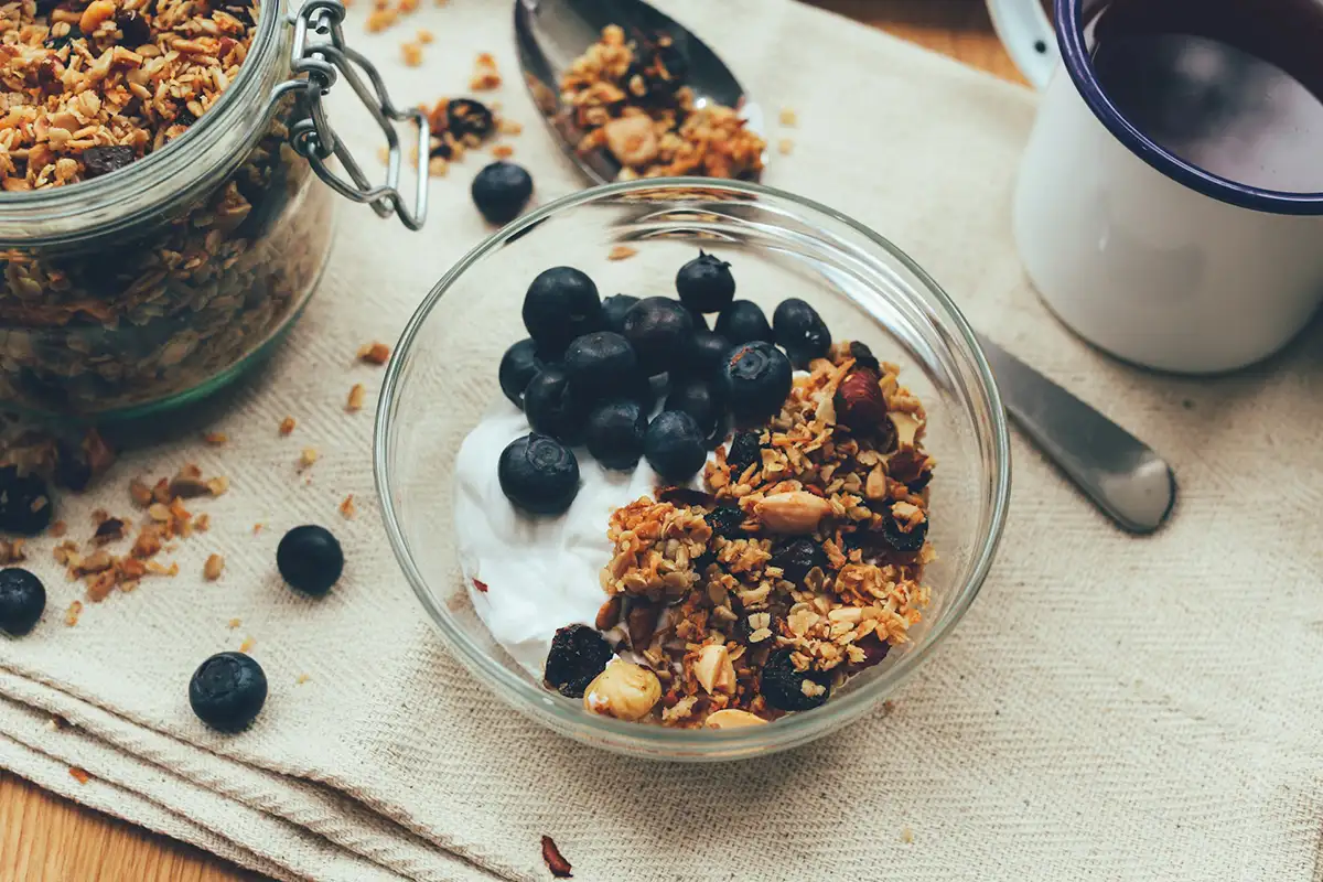 A bowl with yogurt, blueberries, and granola mix.