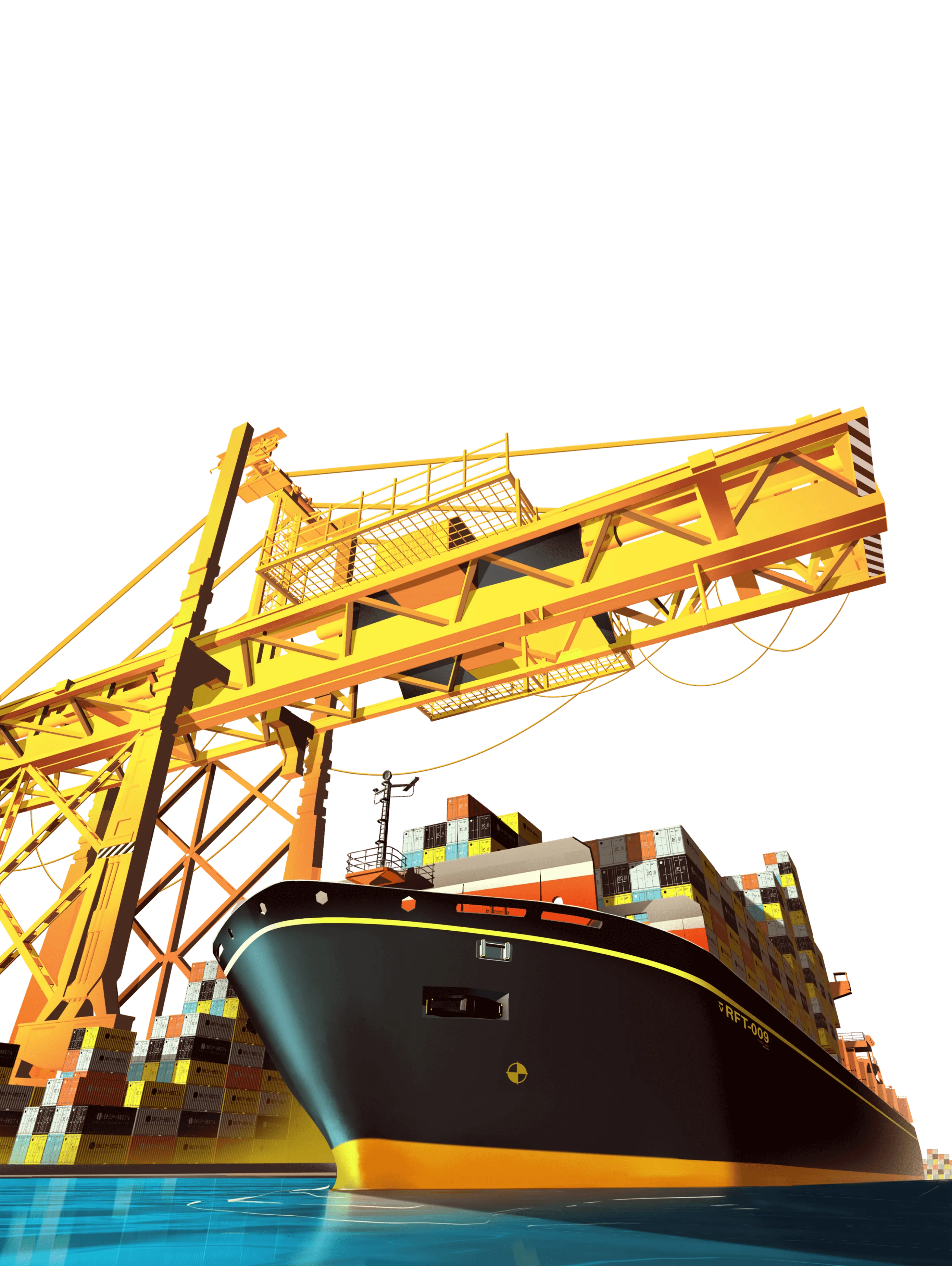 An illustration of a cargo ship getting loaded with shipping crates by a giant crane.