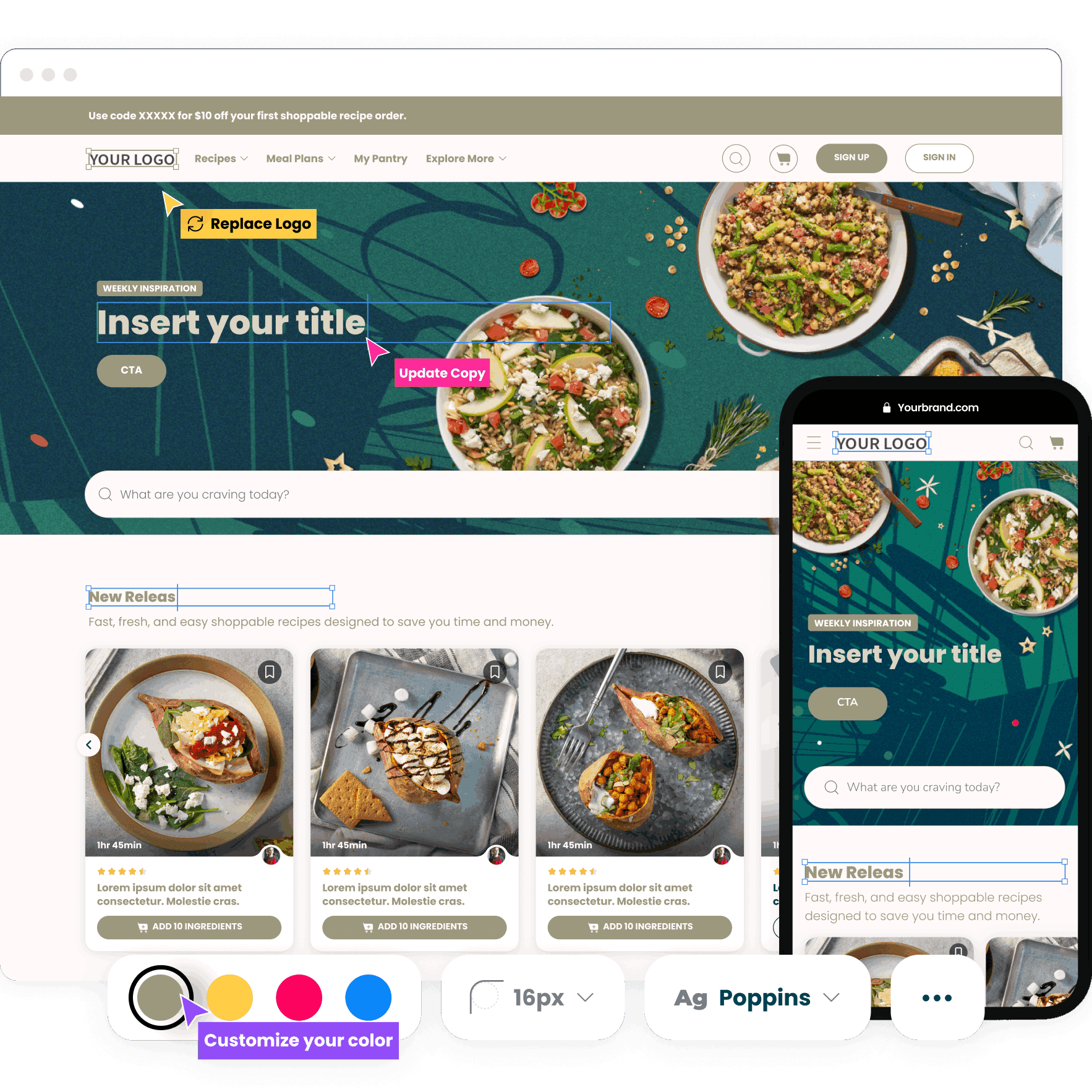 A recipe website desktop and mobile version that can customize colors, fonts, etc.