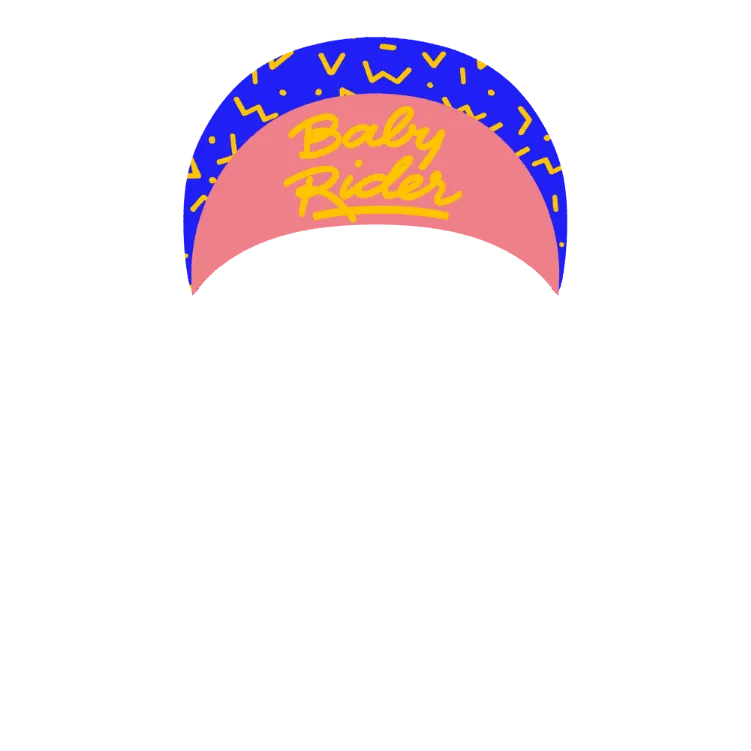 a blue and pink hat with yellow writing on it