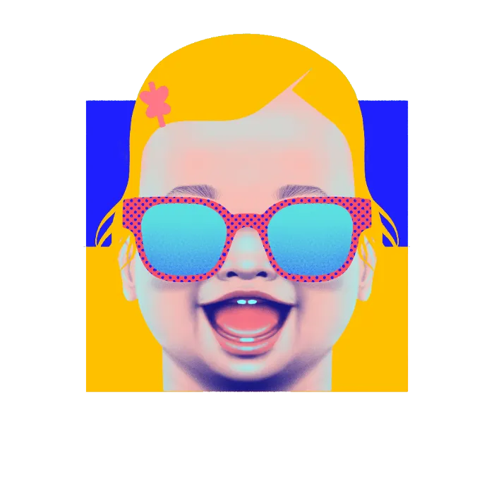 a child wearing sunglasses with a big smile