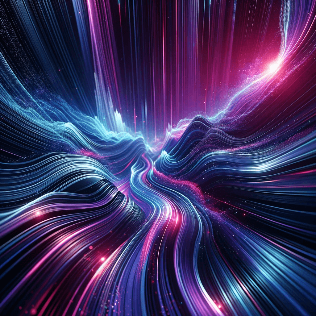 Abstract energy bands flowing from top to bottom with depth of field, with hues of purples, blues, and accents of magenta and white in a dark scene