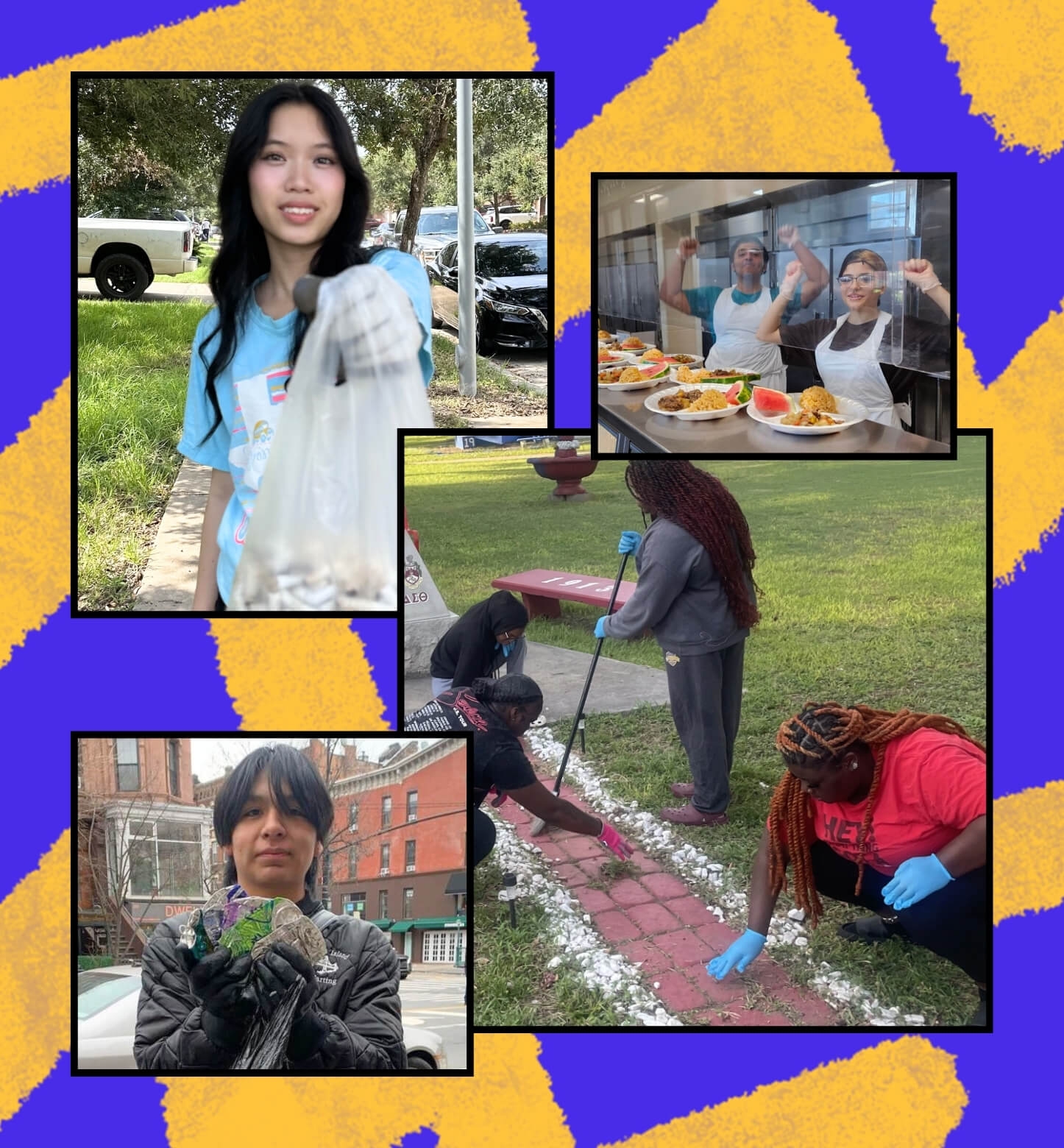 A colorful collage of young people volunteering their time for doing good in their communities: cleaning up cigarette butts from the streets; feeding those in need; gardening; cleaning up and recycling cans