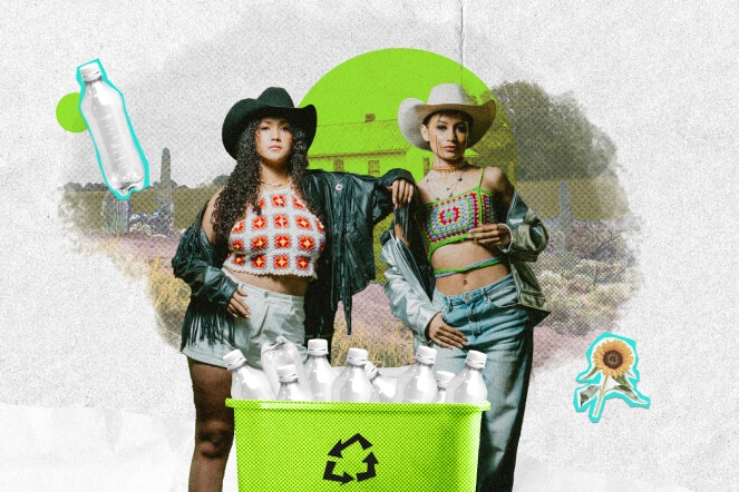 A colorful image of a fashionable young people posing by a neon green recycling bin, flaunting their plastic bottle recycling. Also features icons of sunflower and transparent plastic bottles on a small mural of a city on a paper white background.