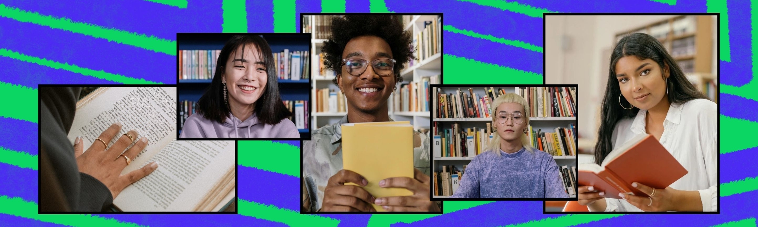 A collage of five photos of a diverse group of young people in their school library