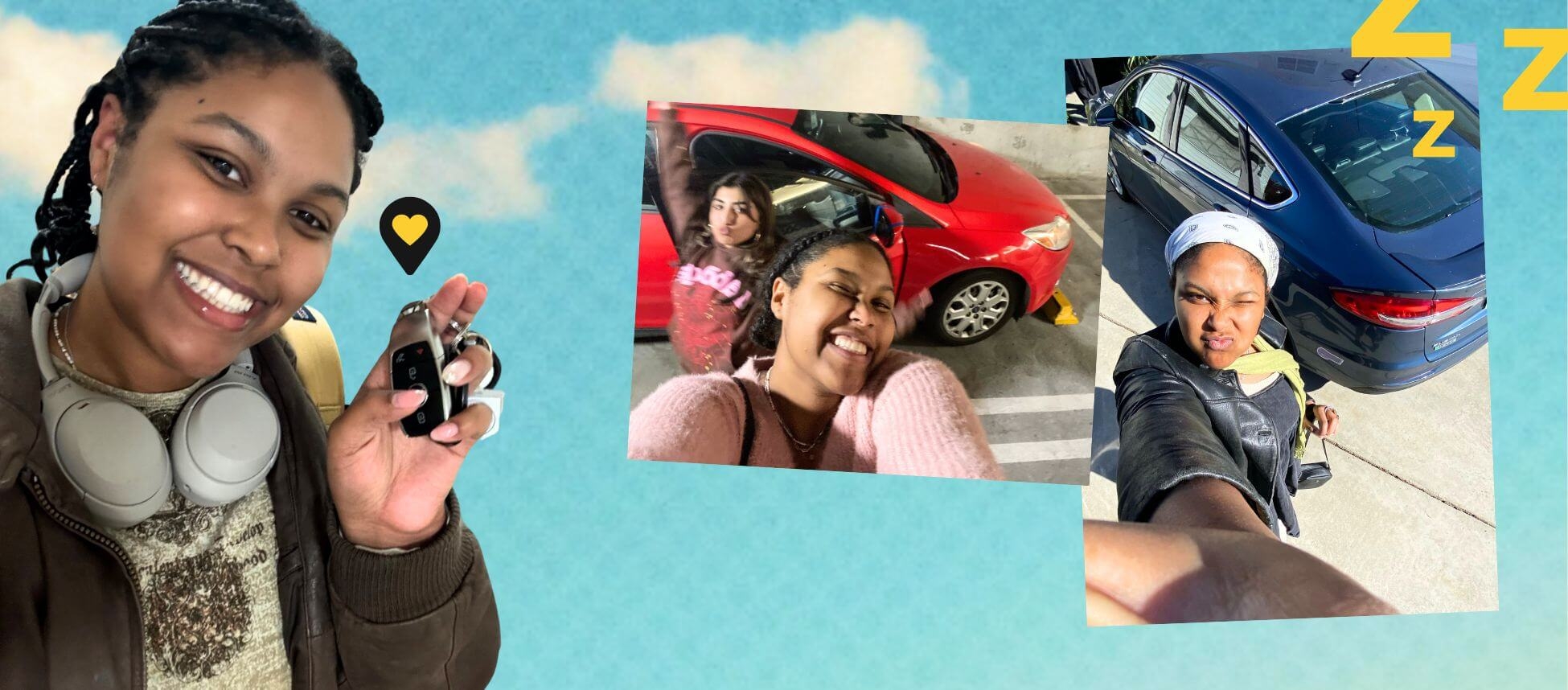 Colorful collage of DoSomething member Hannah Messaye with care keys in her hand, in front of a red car with a friend, and in front of a blue vehicle.