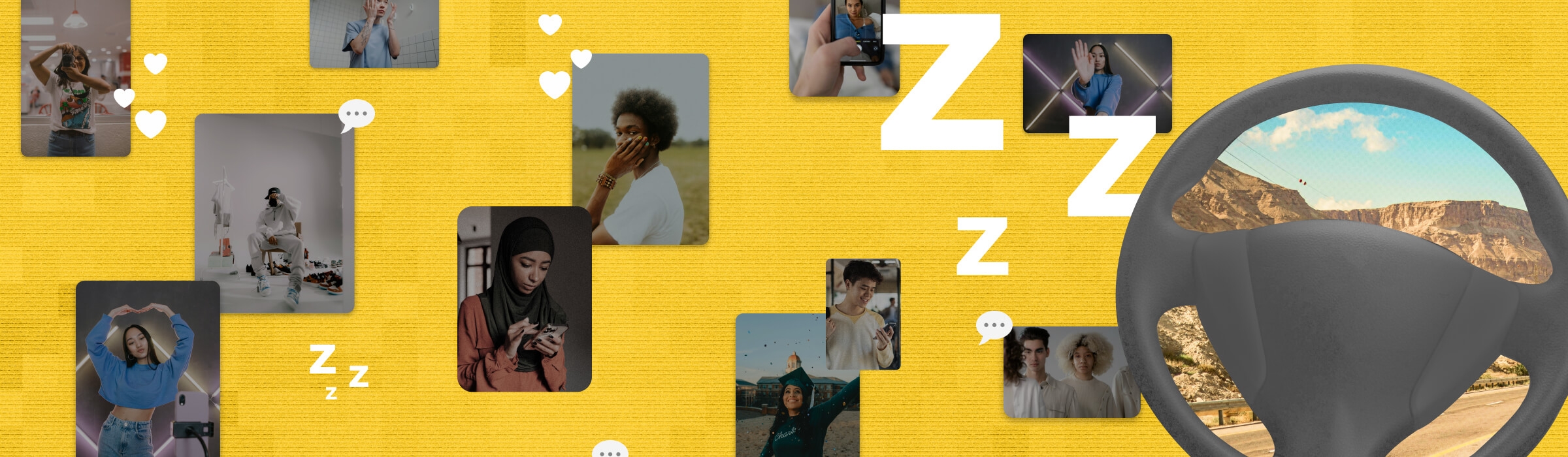 A collage of various young people adorned with social iconography, including white hearts, white snoozes/z's, white chat bubbles, and a large grey steering wheel in front of a mountainous road, on a golden yellow, glitchy background