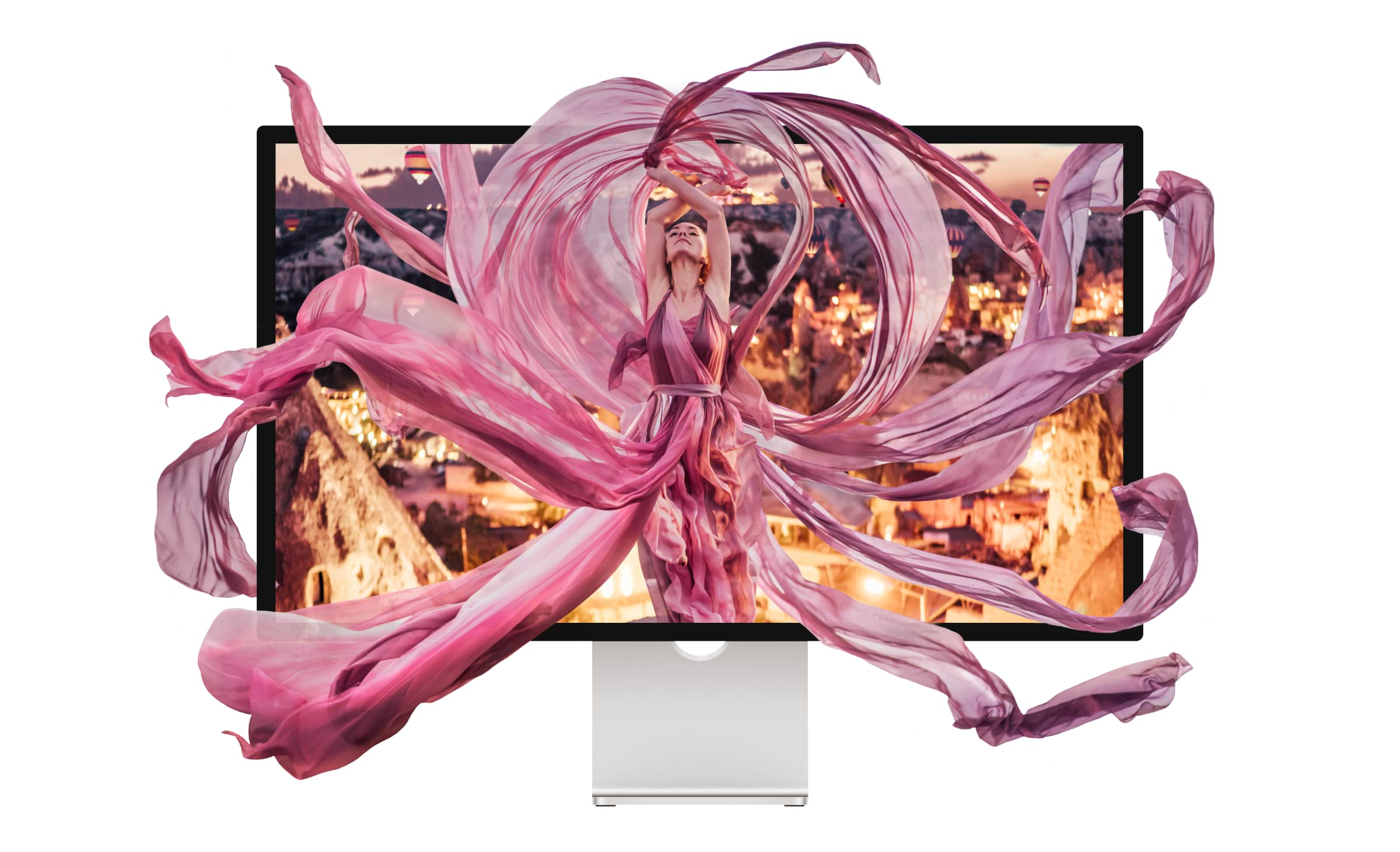 Affinity Photo を使用して、デスクトップ画面から飛び出す女性のドレスから、紫がかったピンクの布の長いトレーンを作成