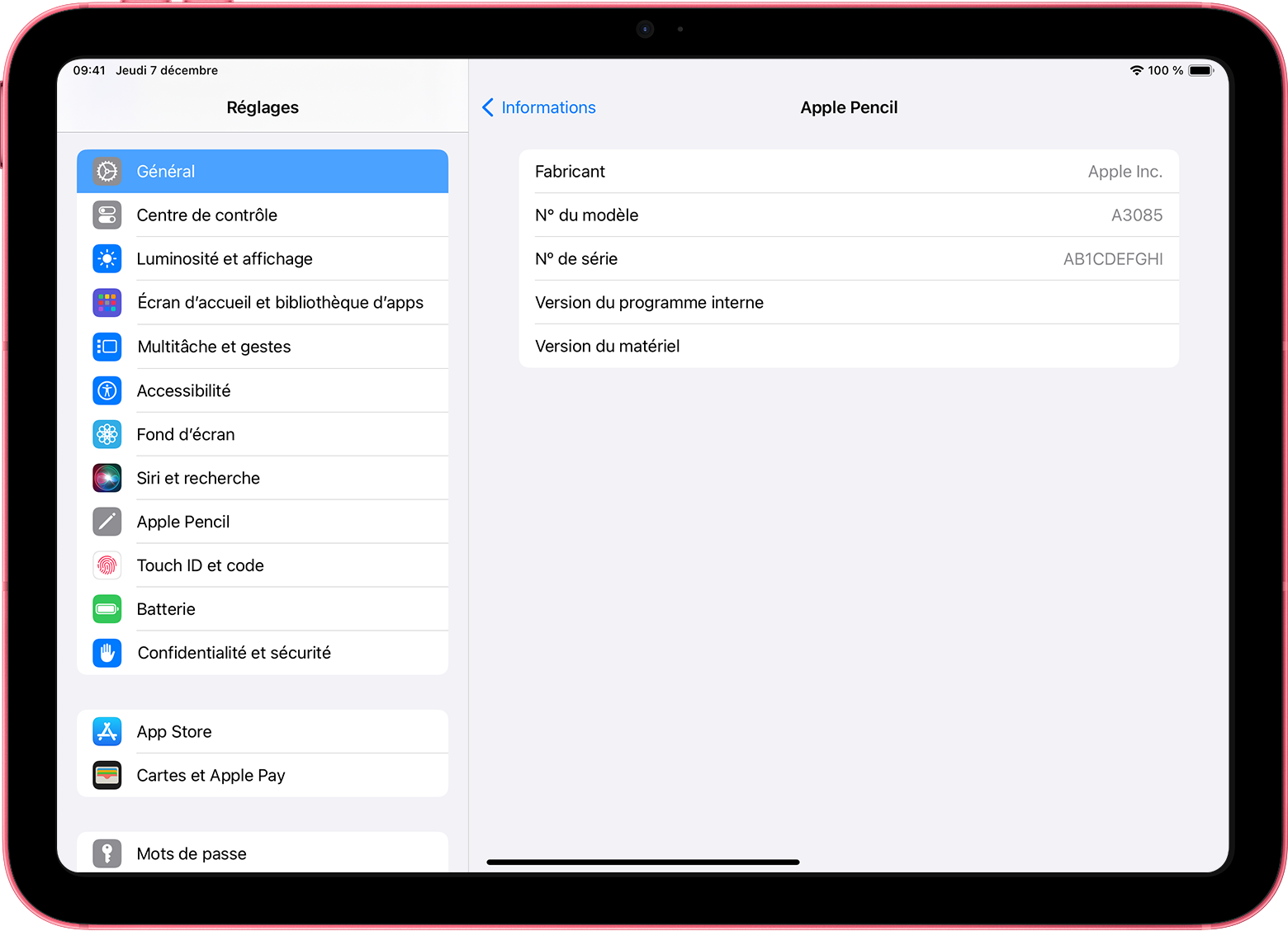 Réglages de l’iPad avec le numéro de série de l’Apple Pencil affiché