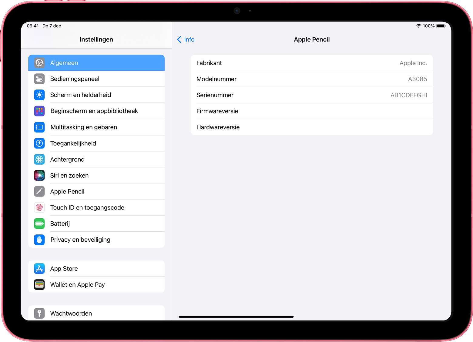 Instellingen op de iPad waarin het Apple Pencil-serienummer wordt weergegeven