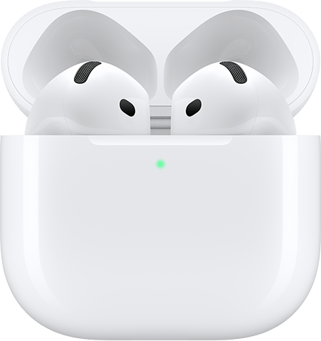 AirPods 4 ‑kuulokkeet latauskotelossa, jonka kansi on avoinna