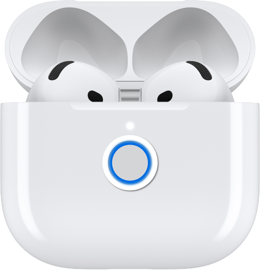 AirPods 4 in de case met het deksel open.