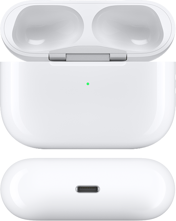 علبة شحن MagSafe لسماعات AirPods Pro 1 معروضة من الجهة الأمامية والسفلية مع غطاء العلبة مفتوح وAirPods خارجها. تحتوي الجهة السفلية من العلبة على منفذ لايتننغ للشحن ولا توجد سماعة صوت.