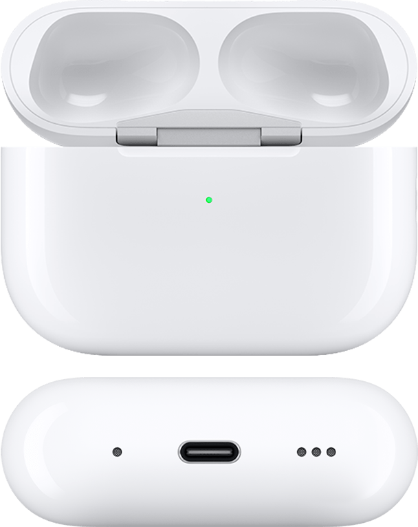 MagSafe-opladningsetui (USB-C) til AirPods Pro 2 med åbent låg og AirPods fjernet, set forfra og fra bunden.