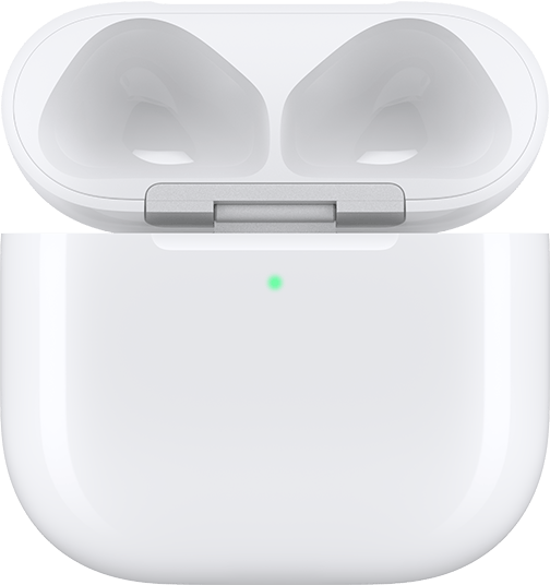 Boîtier de charge pour AirPods 4 avec couvercle ouvert et AirPods retirés.