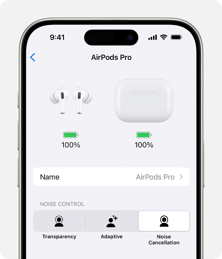 AirPods Pro settings on iPhone. Noise control options are after the Name field.