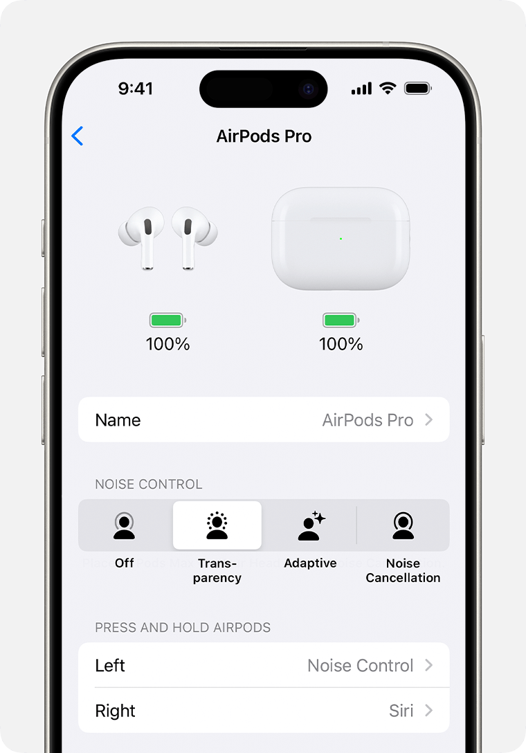 AirPods Pro settings on iPhone. The Press and Hold AirPods section is below the list of Noise Control modes.