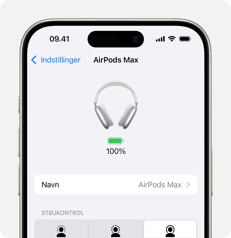 AirPods Max-batteriniveau i appen Indstillinger på iPhone.